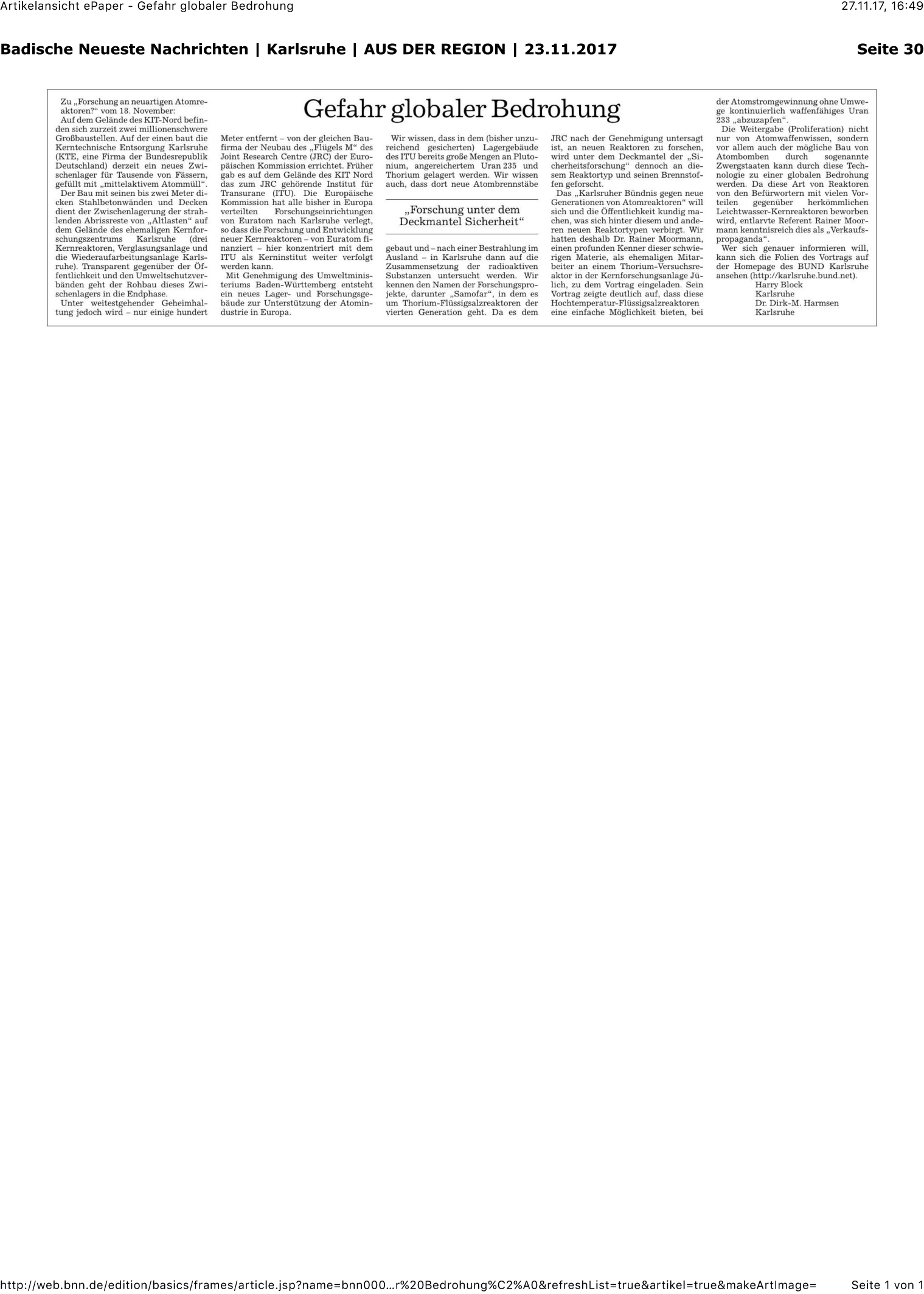 Carta al editor bnn: reactores nucleares 8 de noviembre de 2017